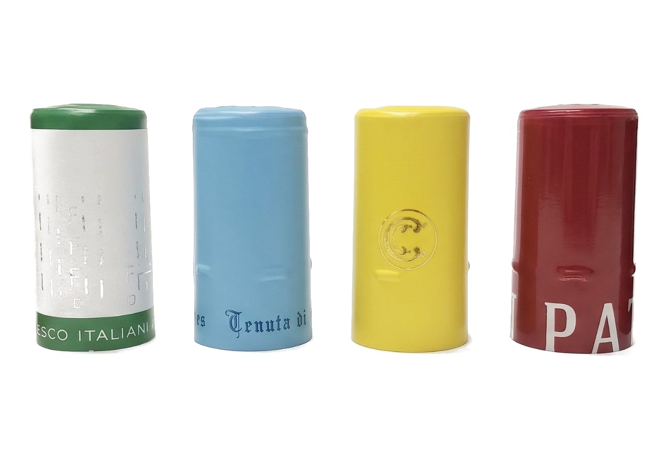 Capsule colorate verde, azzurra, gialla e rossa, con stampe personalizzate